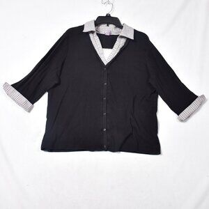 Laura Scott Women's Black Plaid Trim 3/4 Sleeve Blouse Button Front Size 1X